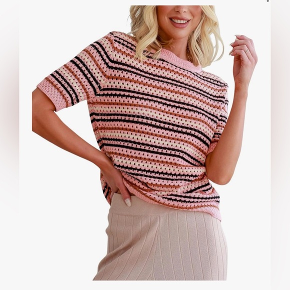 NEW Pink Crewneck Short Sleeve Striped Knit Hollow Out Sweater Shirts Blouse L - Picture 1 of 8